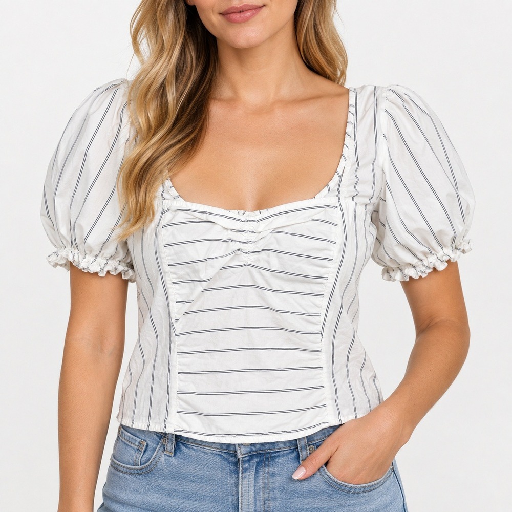 Free People White Navy Blue Striped Puff Sleeve Smocked Crop Top Blouse XS